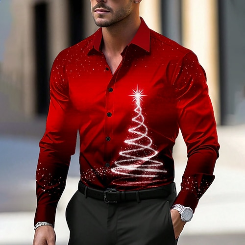 

Christmas Men's Tree Sparkly Shirt Dress Shirt Button Up Shirt Long Sleeve Casual New Year Party Evening Wear Daily Fall Winter Spring & Summer Shirt Collar Button Up 3D Print Violet Pink Red Blue