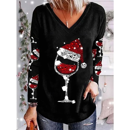 

Women's Christmas Blouse Long Sleeve V-Neck Sequined Santa Hat Wine Glasses Holiday Tee Black Festive Casual Party Top Comfortable