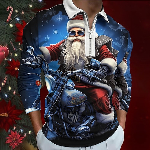 

Christmas Men's Santa Claus 3D Zipper Polo Santa Claus Abstract Zip Golf Long Sleeve Outdoor Casual Daily Streetwear Fall & Winter 3D Print Turndown Zip Navy Blue Blue Ink Blue Polyester