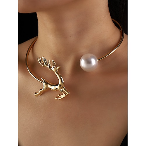 

Women's Gold Reindeer Bracelet and Pearl Choker Necklace Set – Festive Jewelry for Women, Elegant Holiday Party Accessories