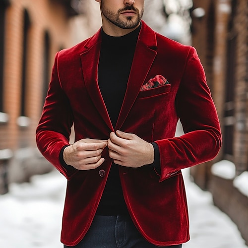 

Red Men's Velvet Casual Jacket Blazer Casual Daily Pocket Warm Winter Spring & Fall Corduroy Solid Color Pocket Single Breasted One-button Blazer