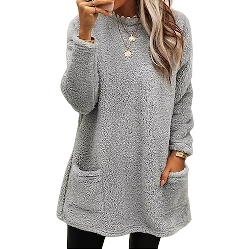 

Women's Sweatshirt Casual Sherpa Plain Dailywear Crew Neck Pocket Long Sleeve Brown Green Gray Fall Winter