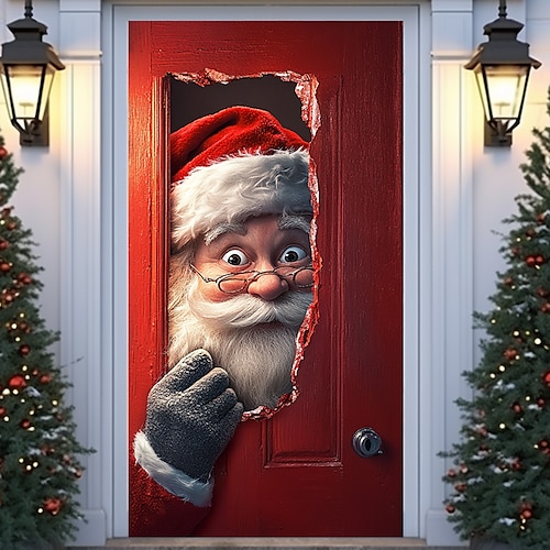 

Christmas Door Decorations Door Covers Xmas Santa Claus Breaking Door Tapestry Door Curtain Decoration Backdrop Indoor/Outdoor Door Banner for Front Door Farmhouse