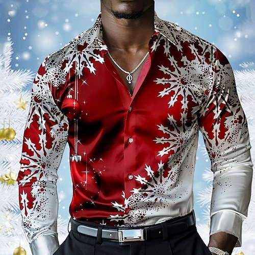 

Christmas Men's Snowflake Satin Shirt Dress Shirt Long Sleeve Casual Party Evening Wear Dailywear Vacation Summer Spring Fall Collared Shirts 3D Print Yellow Red Blue Purple Green