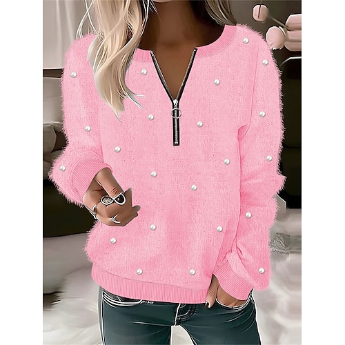 

Women's Sweatshirt Fuzzy Pink Long Sleeve Fluffy Half-Zip Pullover Cozy Casual Fashion Fall Winter