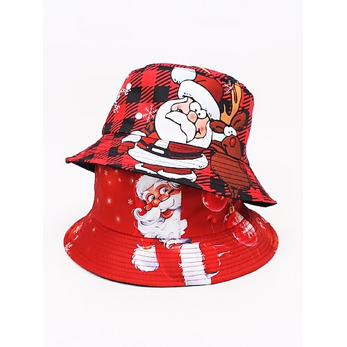 

Reversible Christmas Bucket Hat - Santa and Reindeer Design, Red Plaid Holiday Theme, Unisex Festive Hat for Winter and Holiday Parties