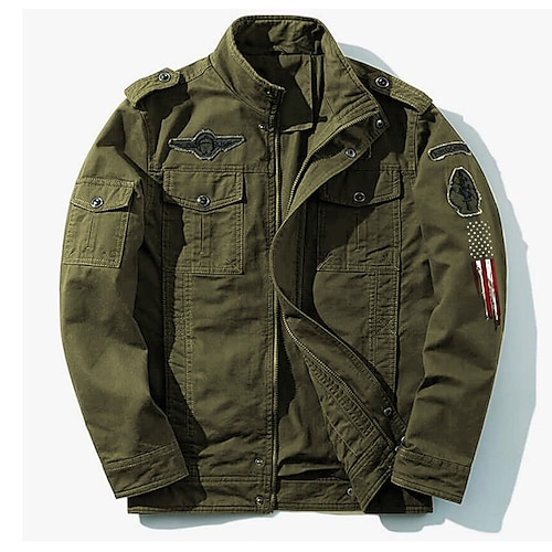 

Men's Cotton Embroidered Military Jacket Cargo Jacket with Shoulder Straps Long Sleeve Standing Collar Multi-Pockets Coat Trucker Jacket US Flag Print Tactical Outerwear