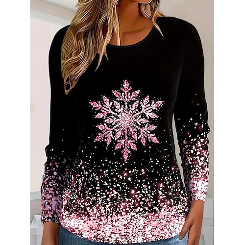 

Women's Long Sleeve Top Glitter Snowflake Crew Neck Sparkle Gradient Festive Winter Holiday Fashion Black Pink Shimmer Casual Comfort Stretch Fit Clothing Apparel