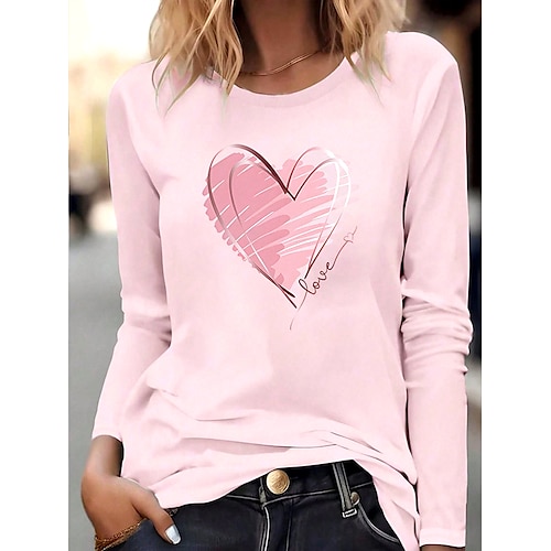 

Women's Valentine Heart T Shirt Casual Heart Regular Tops Long Sleeve Crew Neck Print Regular Fit Daily Pink Spring Fall