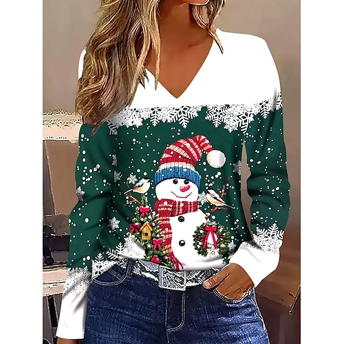 

Women's Christmas Holiday Top Snowman Print V-Neck Long Sleeve Casual Winter Festive Green Regular Fit Comfortable T-Shirt Clothing Apparel