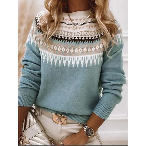 

Women's Sweater Pullover Sweater Jumper Casual Soft Geometric Color Block Ribbed Crew Neck Knitted Long Sleeve Regular Tops Knit Outdoor Daily Weekend Pink Blue Fall Winter