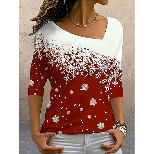 

Women's Christmas T-Shirt Snowflake Print 3/4 Sleeve Scoop Neck Gradient Red White Holiday Casual Festive Winter Top Comfortable Soft Touch Regular Fit