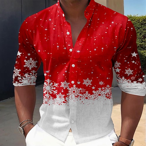 

Christmas Men's Christmas Scene Printed Shirts Snowflake Casual Dress Button Up Long Sleeve Party Evening Daily Vacation Summer Spring & Fall Band Collar grandad collar 3D Print Thin Red Blue Green