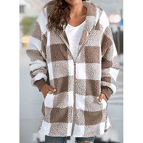 

Women's Oversized Zip Up Hoodie Sweatshirt Polyester Fleece Plaid Street Casual Zip Up Front Pocket Vintage Sports Basic Hoodie Long Sleeve Top Micro-elastic Fall & Winter