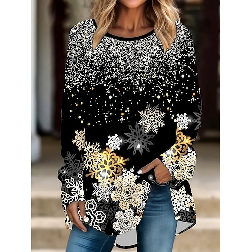 

Top feminino manga longa estampa floco de neve casual gola redonda preto dourado prata feriado festivo inverno moda conforto relaxado ajuste vários tamanhos