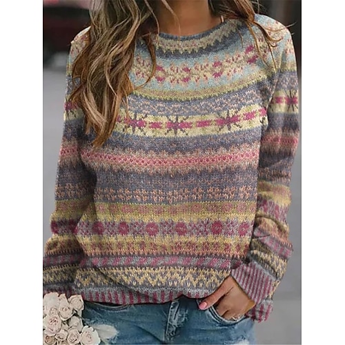 

Women's Sweater Pullover Sweater Jumper Casual Soft Floral Color Block Ribbed Crew Neck Knitted Print Long Sleeve Regular Tops Knit Outdoor Daily Weekend Blue Fuchsia Fall Winter