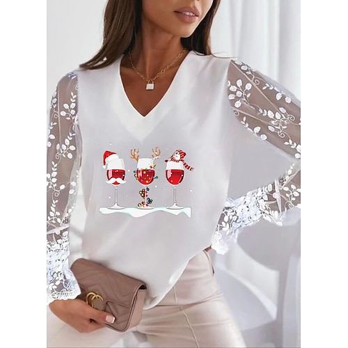 

Festliche Bluse für Damen mit V-Ausschnitt, langen Spitzenärmeln, Urlaubs-Grafikdruck, Weihnachtsmann-Weinrot, lässige Partykleidung, Winter, bequeme Passform, verschiedene Größen