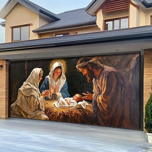  Adornos navideños para puertas, cubierta para puertas de garaje, belén, pancarta navideña para exteriores, gran telón de fondo navideño para puertas de garaje, decoraciones de pared para el hogar,