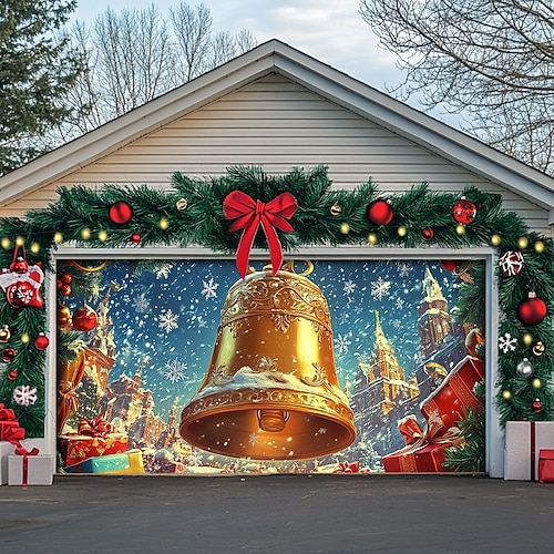  Christmas Door Decorations Garage Door Cover Santa Snowman Jingle Bell Xmas Outdoor Banner Large Backdrop for Holiday Home Wall Gifts Snow Village Christmas Tree