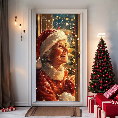  bannière de noël décorations de porte de Noël, couvertures de porte, tapisserie de porte de grand-mère décoration de toile de fond intérieure/extérieure pour porte d'entrée, ferme