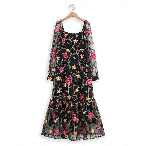  Damen schwarzes kleid Maxidress Rüsche Bestickt Elegant Quadratischer Ausschnitt Langarm Schwarz Farbe