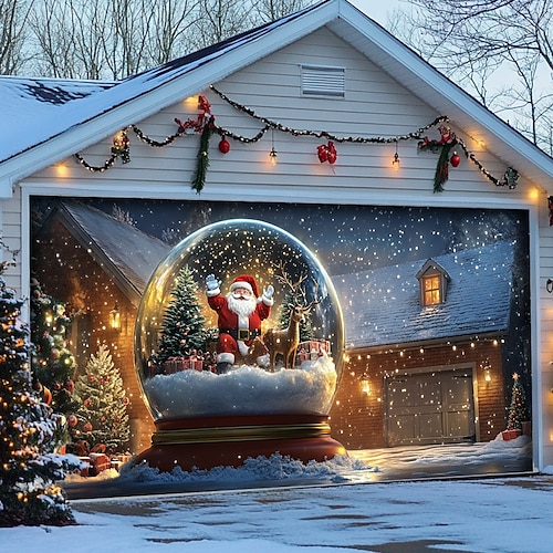  Christmas Door Decorations Garage Door Cover Santa Snowman Jingle Bell Xmas Outdoor Banner Large Backdrop for Holiday Home Wall Gifts Snow Village Christmas Tree