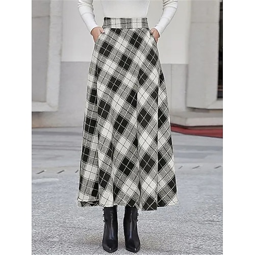 Femme Jupe Trapèze Mode Décontractées Maxi Taille haute Jupes Plaid Poche Imprimer Plein Air du quotidien Chameau Noir Bleu Hiver Polyester