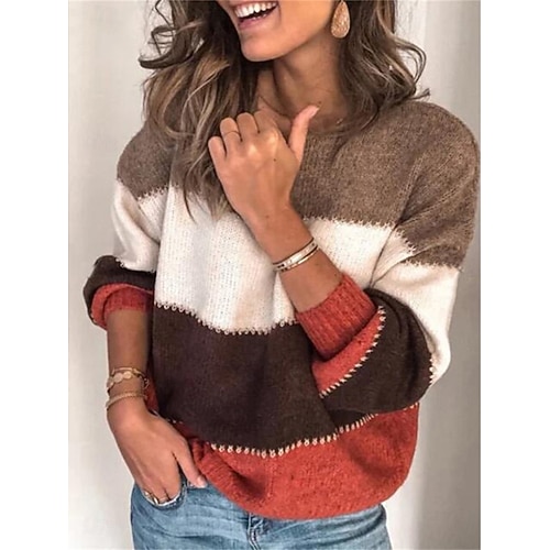 Femme Pull Chandail Décontractées Flexible Rayé A côtes Col Ras du Cou Patchwork Tricoté manche longue Hauts réguliers Tricoter Extérieur du quotidien Fin de semaine Bleu Violet Automne Hiver