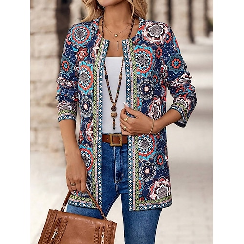  Dame Blazer Jobb Print Blomstrete Pustende OL Stil Vanlig Passform Yttertøy Lang Erme Høst Blå S