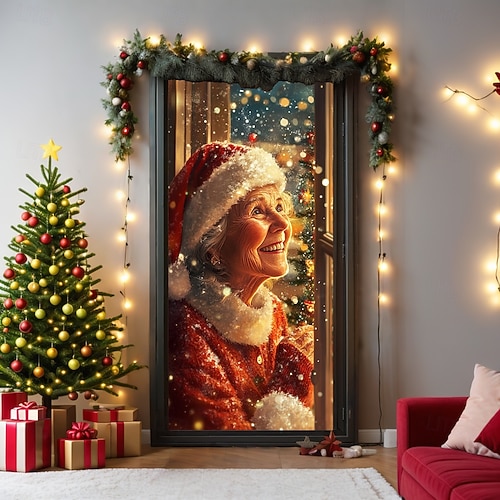  bannière de noël décorations de porte de Noël, couvertures de porte, tapisserie de porte de grand-mère décoration de toile de fond intérieure/extérieure pour porte d'entrée, ferme