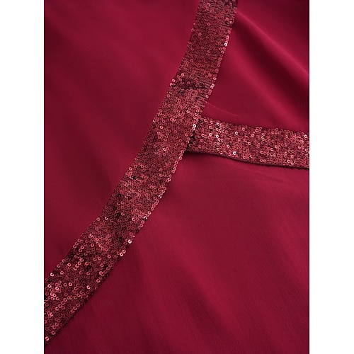  vestido midi feminino bordô com sobreposição de lantejoulas assimétricas decote redondo detalhe em v comprimento três quartos mangas divididas não elásticas elegante coquetel noite comprimento do
