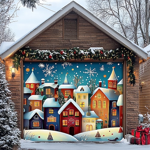  Christmas Door Decorations Garage Door Cover Santa Snowman Jingle Bell Xmas Outdoor Banner Large Backdrop for Holiday Home Wall Gifts Snow Village Christmas Tree