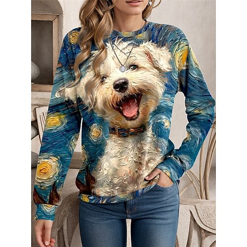 Sudadera de mujer con estampado de perro para uso diario, informal, cuello redondo, manga larga, microelástica, otoño e invierno, cómoda, transpirable, tejido suave