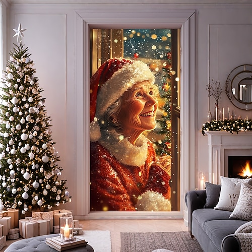  bannière de noël décorations de porte de Noël, couvertures de porte, tapisserie de porte de grand-mère décoration de toile de fond intérieure/extérieure pour porte d'entrée, ferme