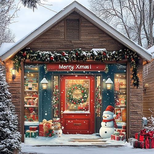  Christmas Door Decorations Garage Door Cover Santa Snowman Jingle Bell Xmas Outdoor Banner Large Backdrop for Holiday Home Wall Gifts Snow Village Christmas Tree