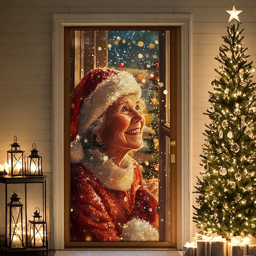  bannière de noël décorations de porte de Noël, couvertures de porte, tapisserie de porte de grand-mère décoration de toile de fond intérieure/extérieure pour porte d'entrée, ferme