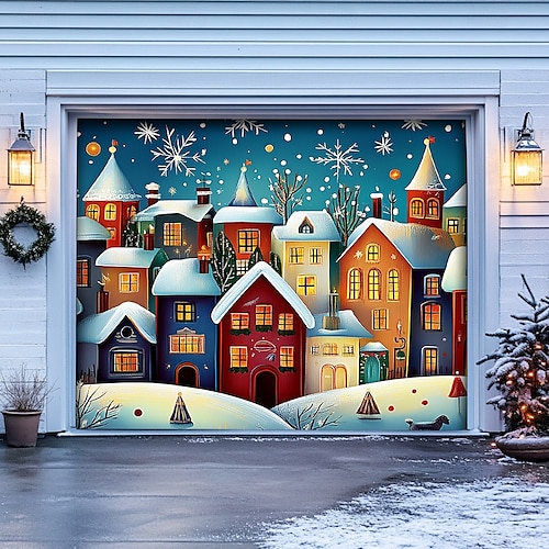  Christmas Door Decorations Garage Door Cover Santa Snowman Jingle Bell Xmas Outdoor Banner Large Backdrop for Holiday Home Wall Gifts Snow Village Christmas Tree