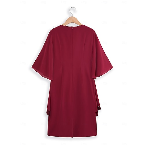  vestido midi feminino bordô com sobreposição de lantejoulas assimétricas decote redondo detalhe em v comprimento três quartos mangas divididas não elásticas elegante coquetel noite comprimento do