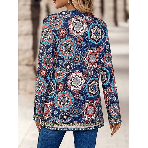  Dame Blazer Jobb Print Blomstrete Pustende OL Stil Vanlig Passform Yttertøy Lang Erme Høst Blå S