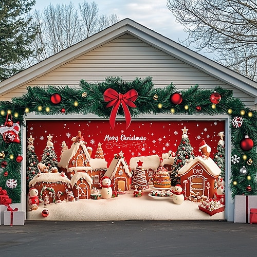 Christmas Door Decorations Garage Door Cover Santa Snowman Jingle Bell Xmas Outdoor Banner Large Backdrop for Holiday Home Wall Gifts Snow Village Christmas Tree