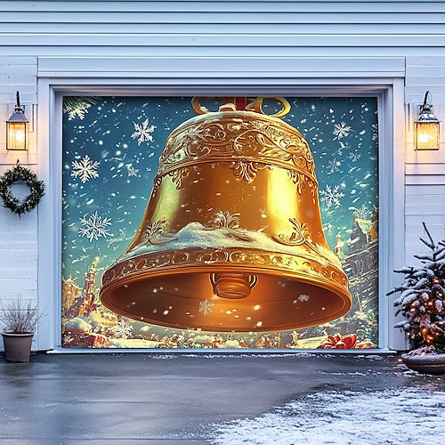  Christmas Door Decorations Garage Door Cover Santa Snowman Jingle Bell Xmas Outdoor Banner Large Backdrop for Holiday Home Wall Gifts Snow Village Christmas Tree