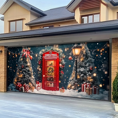  Christmas Door Decorations Outdoor Garage Door Cover Xmas Banner Christmas Scene Farmhouse Large Christmas Backdrop for Holiday Outdoor Garage Door Home Wall Decorations