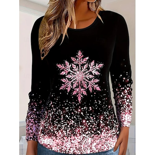 T-Shirt da Donna con Maniche Lunghe Top Glitter Fiocco di Neve Collo a Giro Sparkle Gradiente Moda Invernale Festiva Nera Rosa Luminoso Casual Vestibilità Confortevole Abbigliamento