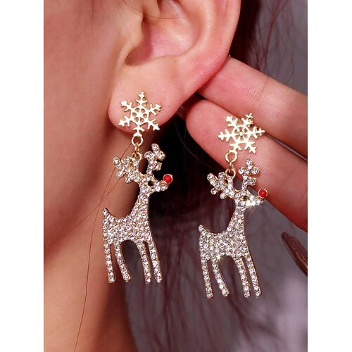 Pendientes colgantes de reno navideño festivo: diseño de copo de nieve y reno con brillantes diamantes de imitación, joyas navideñas para mujeres