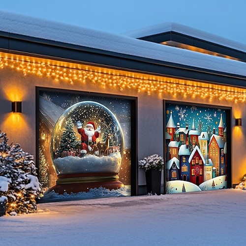  Christmas Door Decorations Garage Door Cover Santa Snowman Jingle Bell Xmas Outdoor Banner Large Backdrop for Holiday Home Wall Gifts Snow Village Christmas Tree