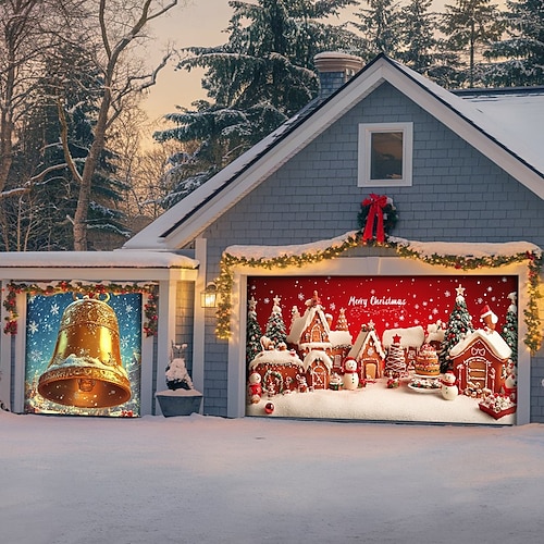  Christmas Door Decorations Garage Door Cover Santa Snowman Jingle Bell Xmas Outdoor Banner Large Backdrop for Holiday Home Wall Gifts Snow Village Christmas Tree