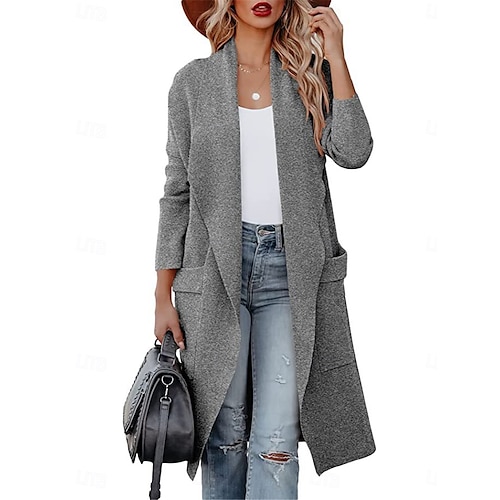 Manteau d'hiver Femme Extérieur Plein Air Usage quotidien mode Décontractées Avec poches Longue Manteau Noir Blanche Vert Automne Hiver Ouvrir le devant Col rabattu Standard S M L XL 2XL