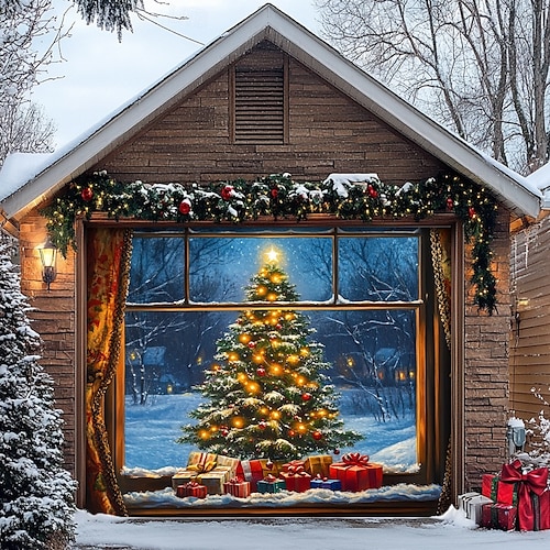  Christmas Door Decorations Garage Door Cover Santa Snowman Jingle Bell Xmas Outdoor Banner Large Backdrop for Holiday Home Wall Gifts Snow Village Christmas Tree