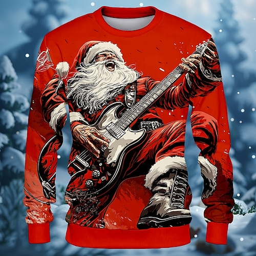 Jul Herr jultomten Musikinstrument Tröjor Tröja Tröja Långärmad Tröja Rund hals Häftig Sten 3d-utskrivning Streetwear Festival Crewneck Vinter Vår & Höst