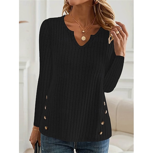 Femme Pull Chandail Décontractées Flexible Couleur monochrome A côtes Col V Boutons Tricoté manche longue Hauts réguliers Tricoter Extérieur du quotidien Fin de semaine Noir Automne Hiver